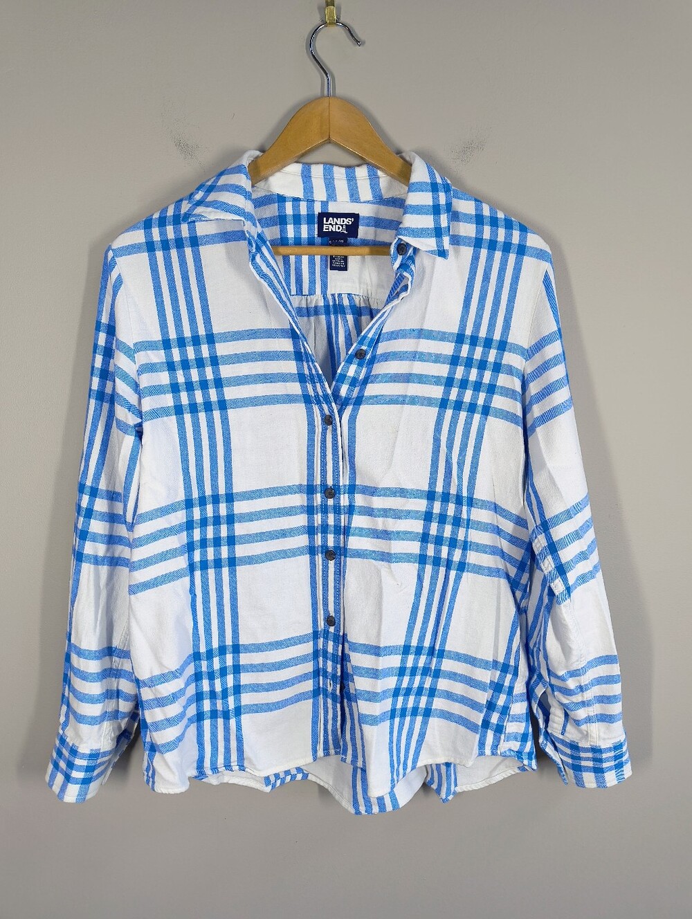 Lands' End White Shirt with Bright Blue Plaid, Size MP